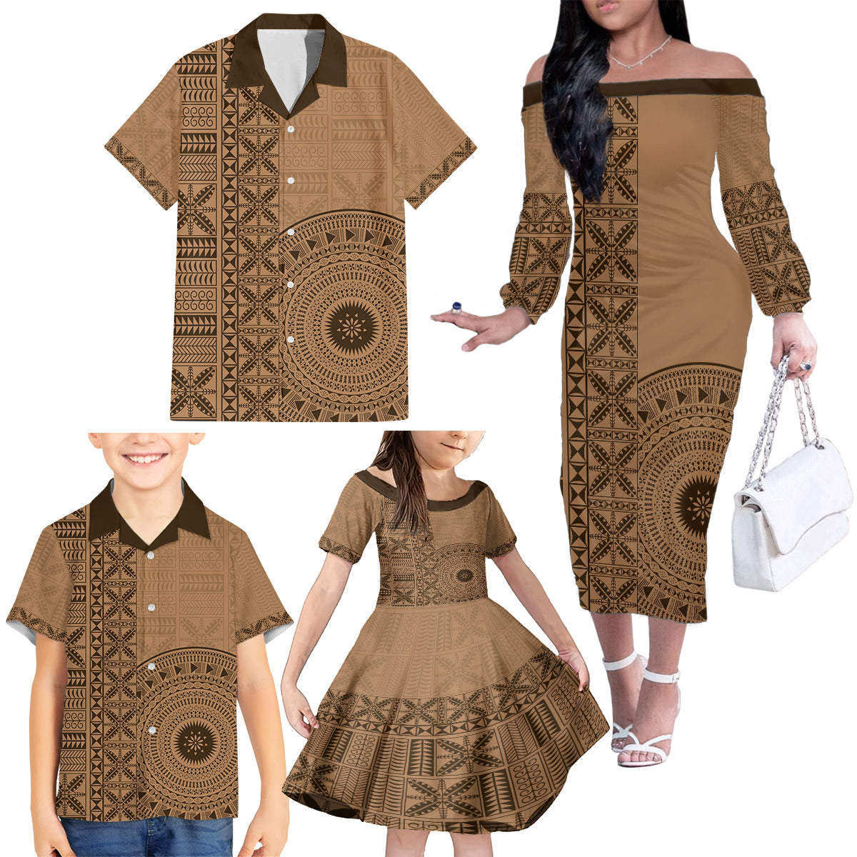 Fakaalofa Lahi Atu Niue Family Matching Off Shoulder Long Sleeve Dress and Hawaiian Shirt Vintage Hiapo Pattern Brown Version LT14 - Polynesian Pride