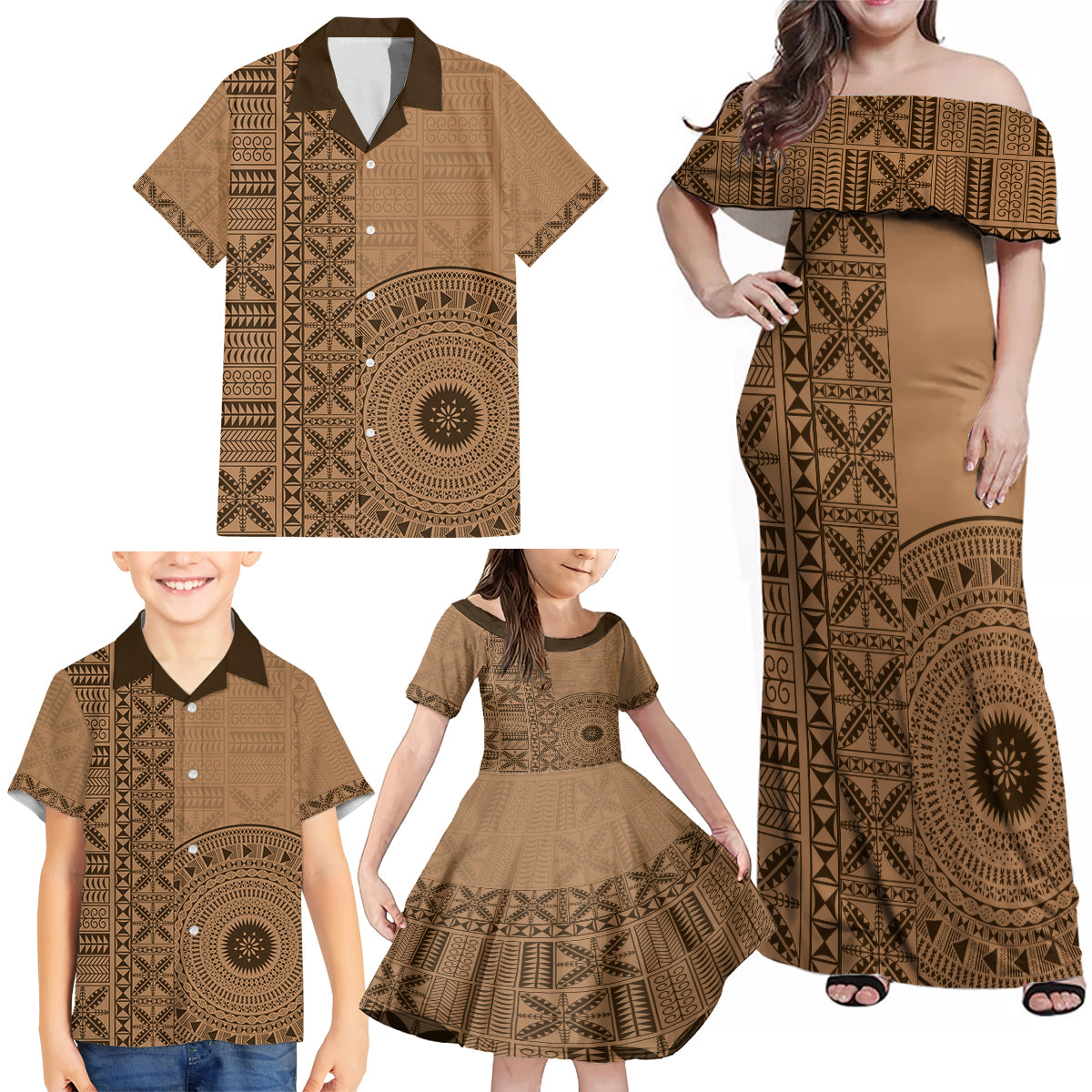 Fakaalofa Lahi Atu Niue Family Matching Off Shoulder Maxi Dress and Hawaiian Shirt Vintage Hiapo Pattern Brown Version LT14 - Polynesian Pride