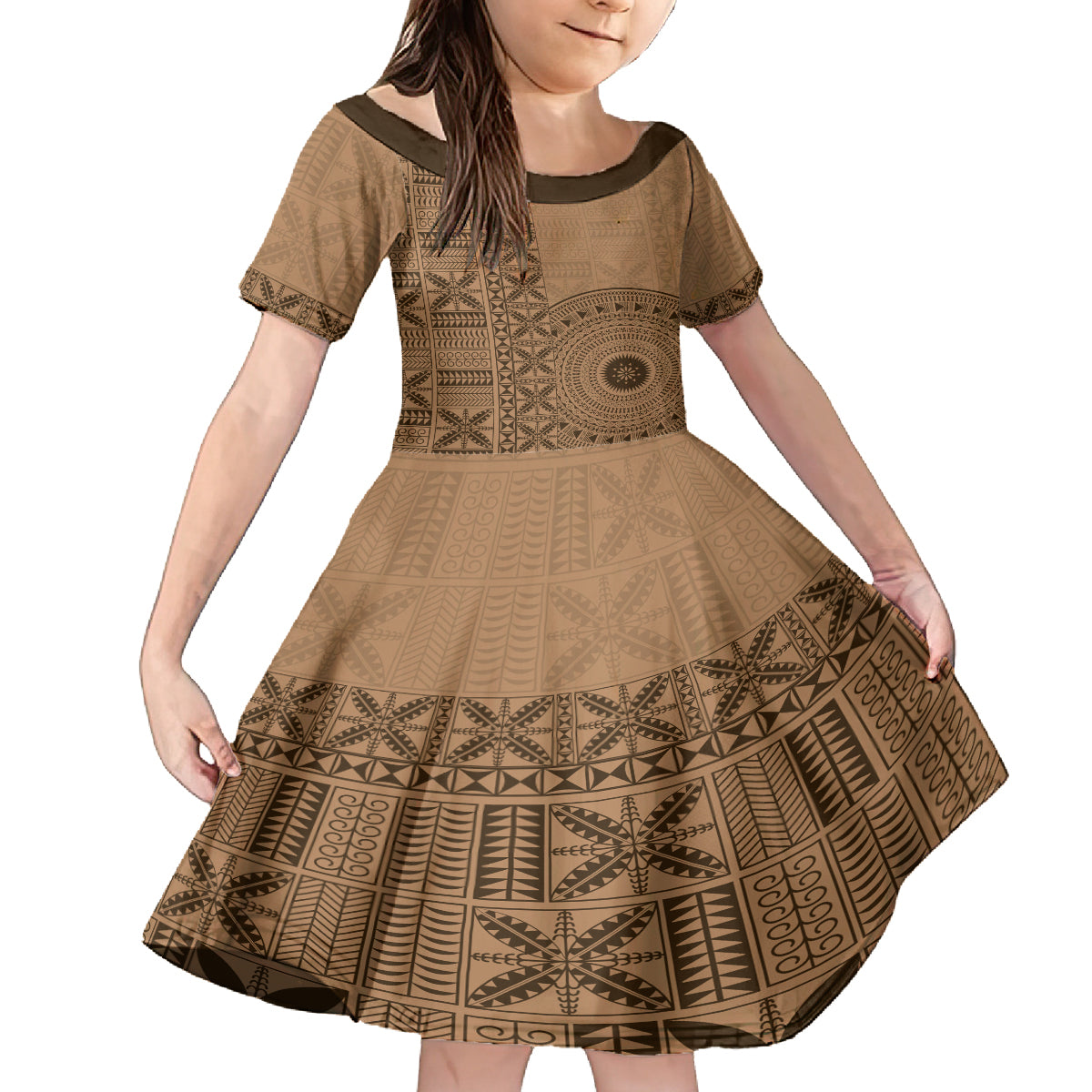 Fakaalofa Lahi Atu Niue Family Matching Off Shoulder Short Dress and Hawaiian Shirt Vintage Hiapo Pattern Brown Version LT14 Daughter's Dress Brown - Polynesian Pride