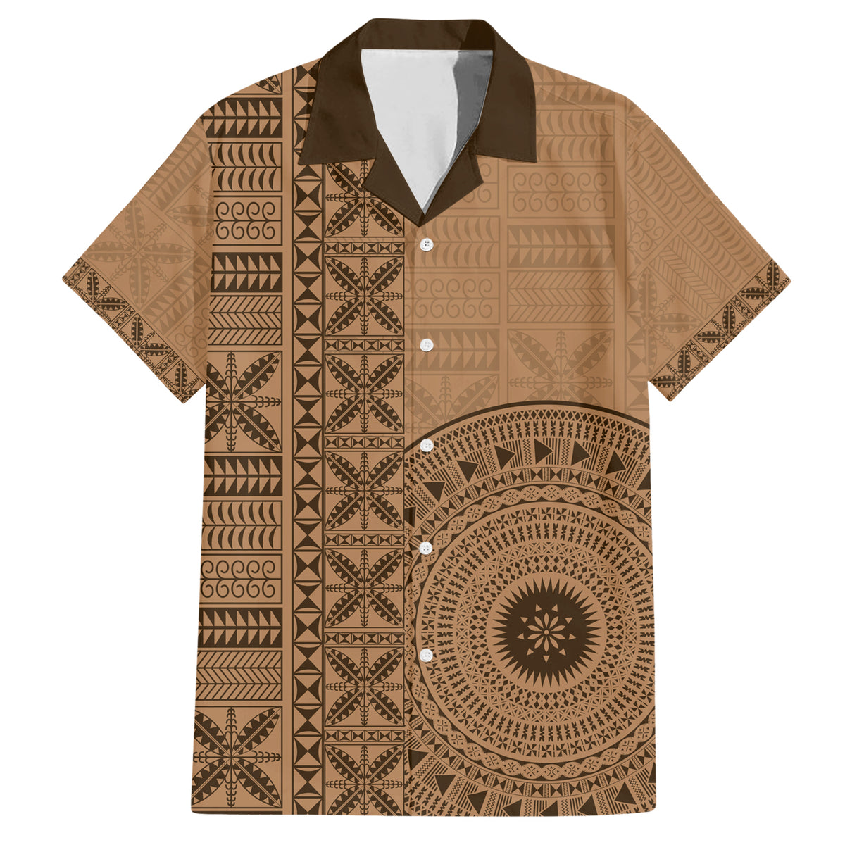 Fakaalofa Lahi Atu Niue Family Matching Short Sleeve Bodycon Dress and Hawaiian Shirt Vintage Hiapo Pattern Brown Version LT14 Dad's Shirt - Short Sleeve Brown - Polynesian Pride