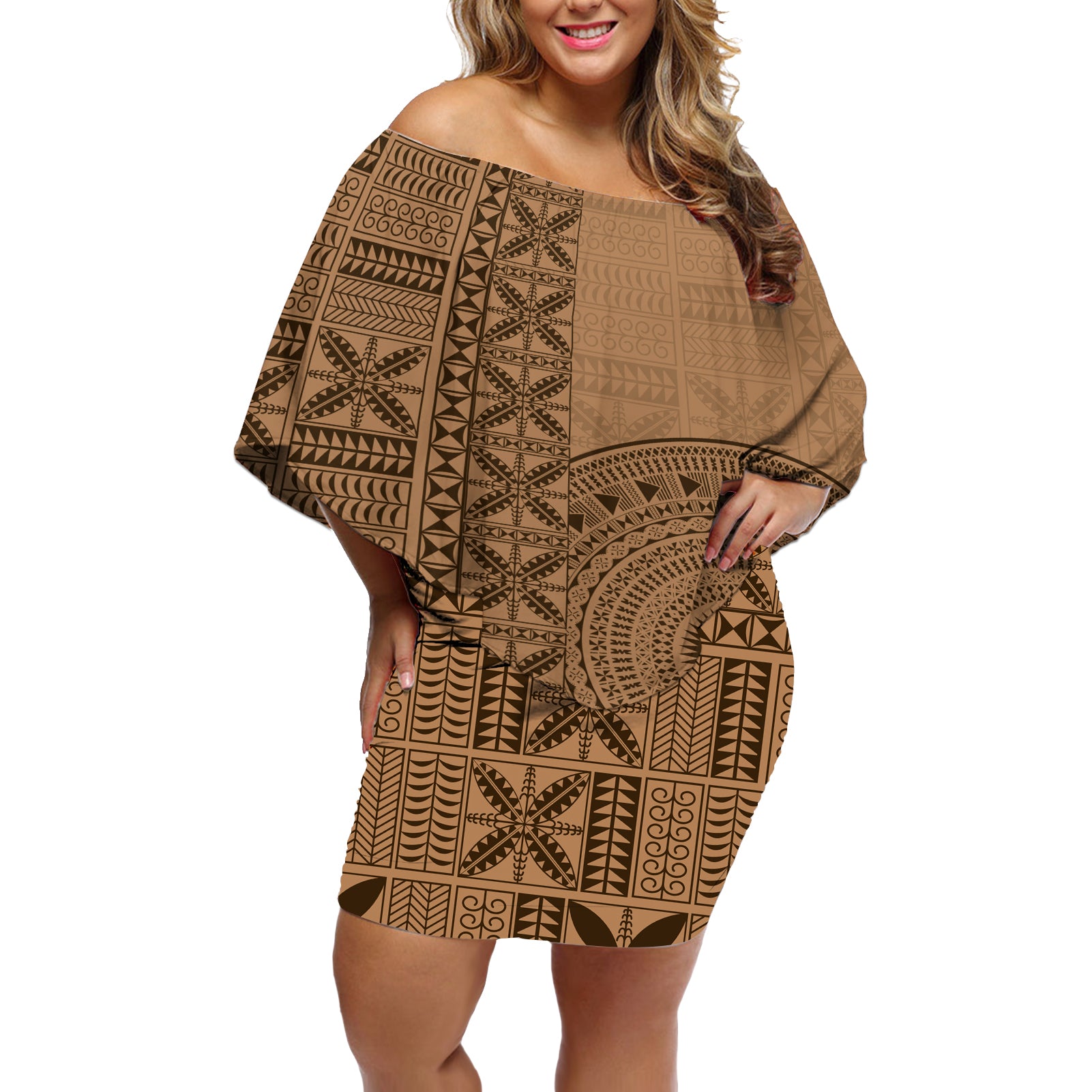 Fakaalofa Lahi Atu Niue Off Shoulder Short Dress Vintage Hiapo Pattern Brown Version LT14 Women Brown - Polynesian Pride