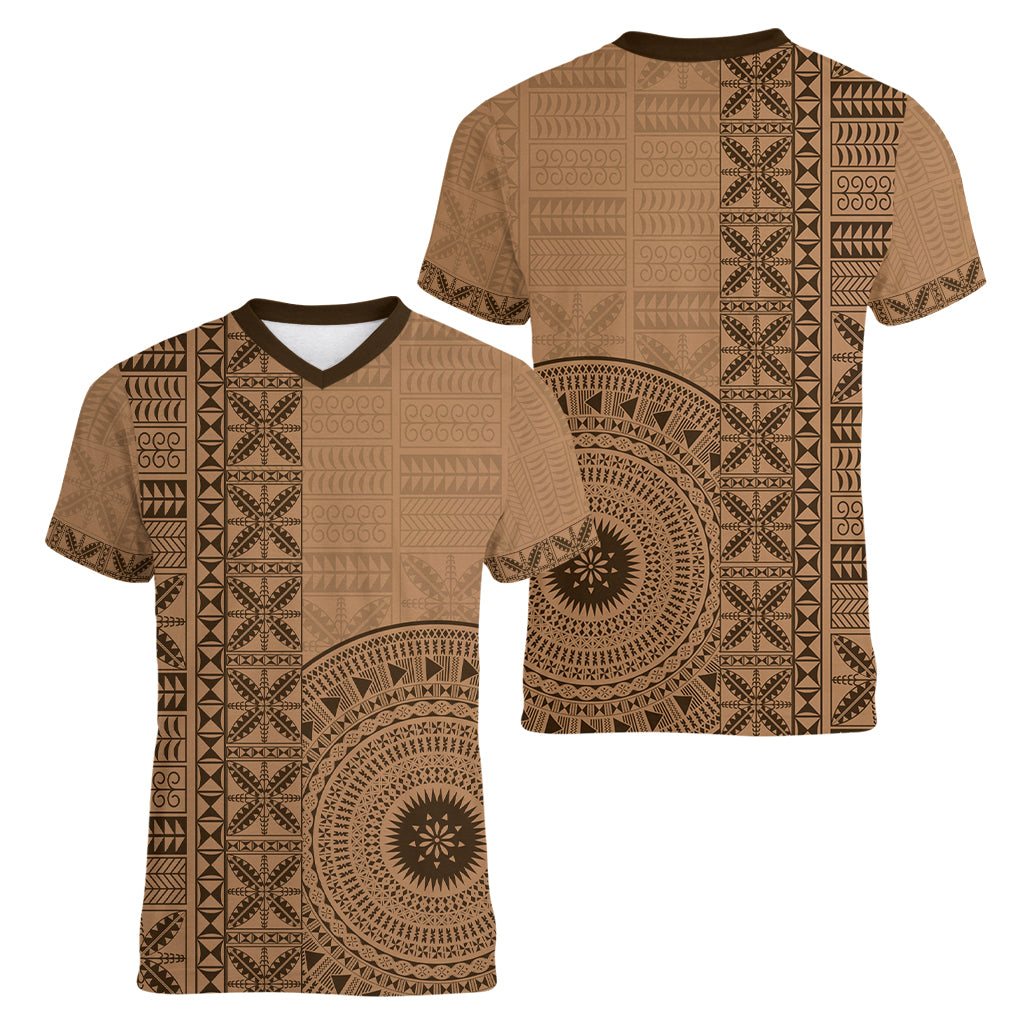 Fakaalofa Lahi Atu Niue Women V Neck T Shirt Vintage Hiapo Pattern Brown Version LT14 - Polynesian Pride
