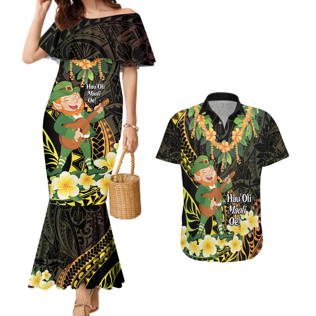 Hawaii Saint Patrick's Day Couples Matching Mermaid Dress and Hawaiian Shirt Ukulele Leprechaun Hau'Oli Maoli Oe!