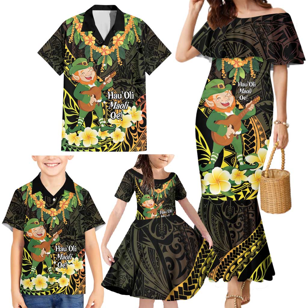 Hawaii Saint Patrick's Day Family Matching Mermaid Dress and Hawaiian Shirt Ukulele Leprechaun Hau'Oli Maoli Oe!