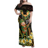 Hawaii Saint Patrick's Day Family Matching Off Shoulder Maxi Dress and Hawaiian Shirt Ukulele Leprechaun Hau'Oli Maoli Oe!
