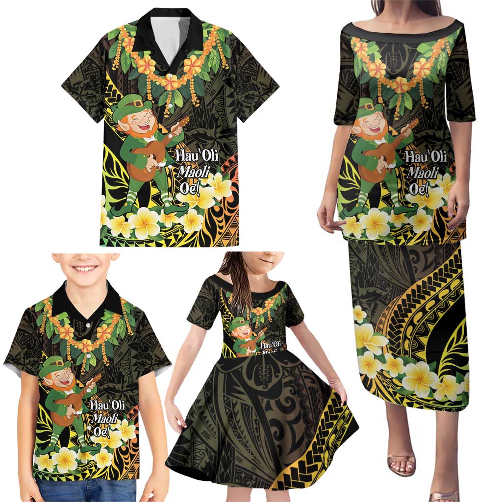 Hawaii Saint Patrick's Day Family Matching Puletasi and Hawaiian Shirt Ukulele Leprechaun Hau'Oli Maoli Oe!