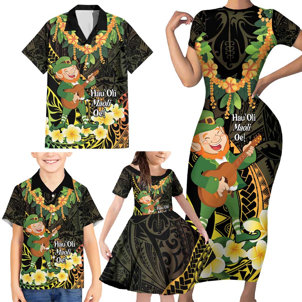 Hawaii Saint Patrick's Day Family Matching Short Sleeve Bodycon Dress and Hawaiian Shirt Ukulele Leprechaun Hau'Oli Maoli Oe!