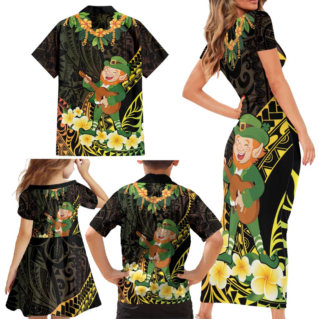 Hawaii Saint Patrick's Day Family Matching Short Sleeve Bodycon Dress and Hawaiian Shirt Ukulele Leprechaun Hau'Oli Maoli Oe!