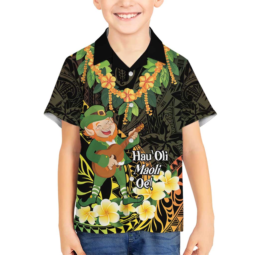 Hawaii Saint Patrick's Day Family Matching Short Sleeve Bodycon Dress and Hawaiian Shirt Ukulele Leprechaun Hau'Oli Maoli Oe!