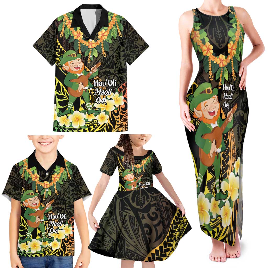 Hawaii Saint Patrick's Day Family Matching Tank Maxi Dress and Hawaiian Shirt Ukulele Leprechaun Hau'Oli Maoli Oe!