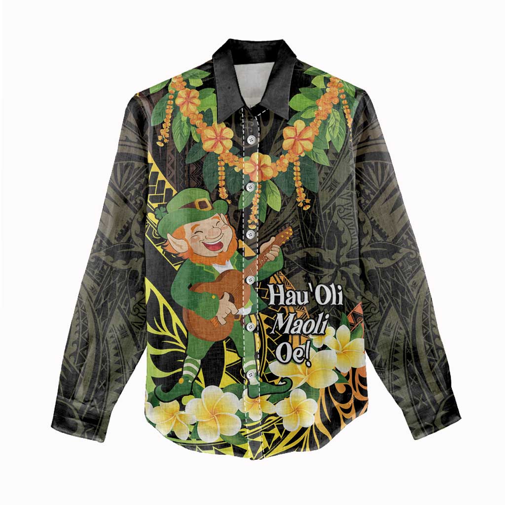 Hawaii Saint Patrick's Day Women Casual Shirt Ukulele Leprechaun Hau'Oli Maoli Oe!