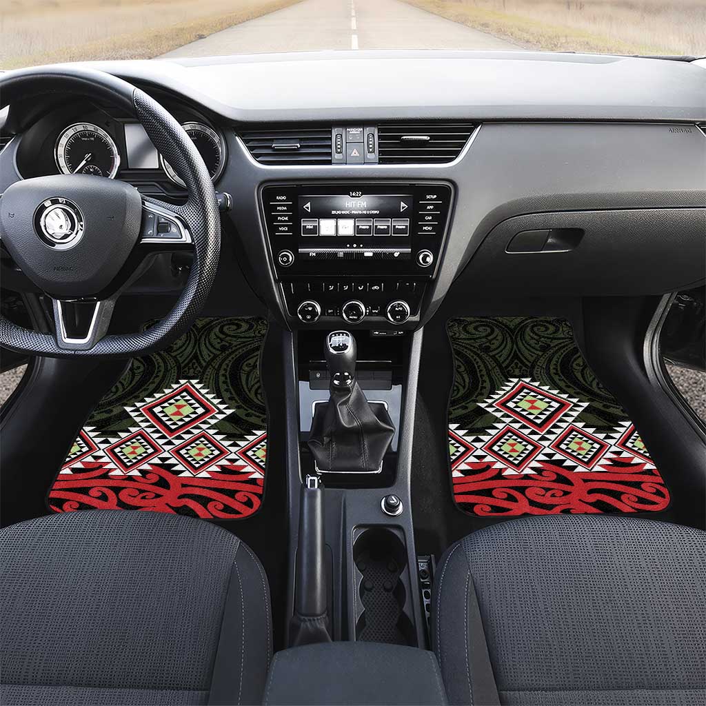 Kia Ora Aotearoa Car Mats 2025 Pasifika Maori Taniko Motifs LT14 Set 2pcs - Front Black - Polynesian Pride