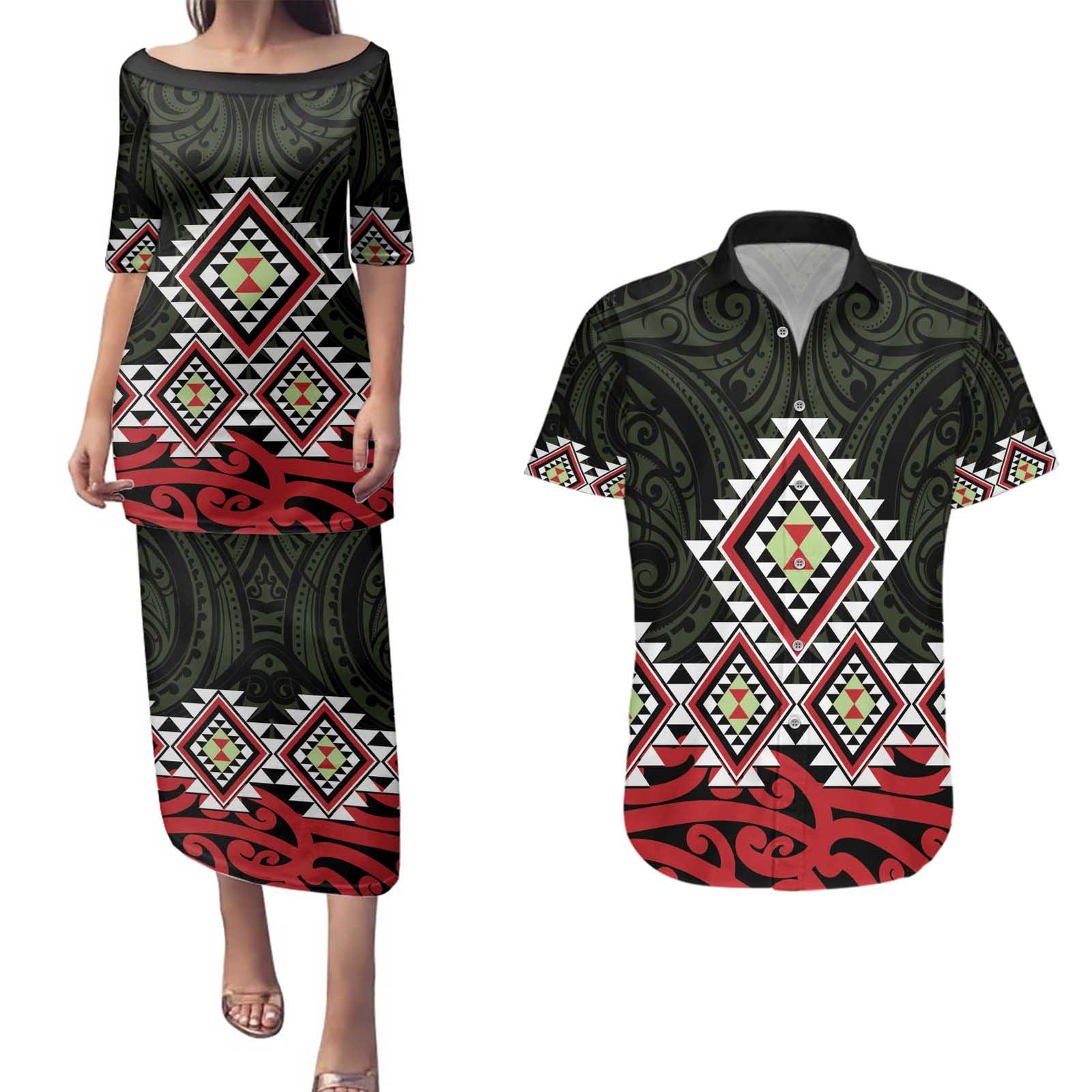 Kia Ora Aotearoa Couples Matching Puletasi and Hawaiian Shirt 2025 Pasifika Maori Taniko Motifs LT14 Black - Polynesian Pride