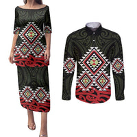 Kia Ora Aotearoa Couples Matching Puletasi and Long Sleeve Button Shirt 2025 Pasifika Maori Taniko Motifs LT14 Black - Polynesian Pride