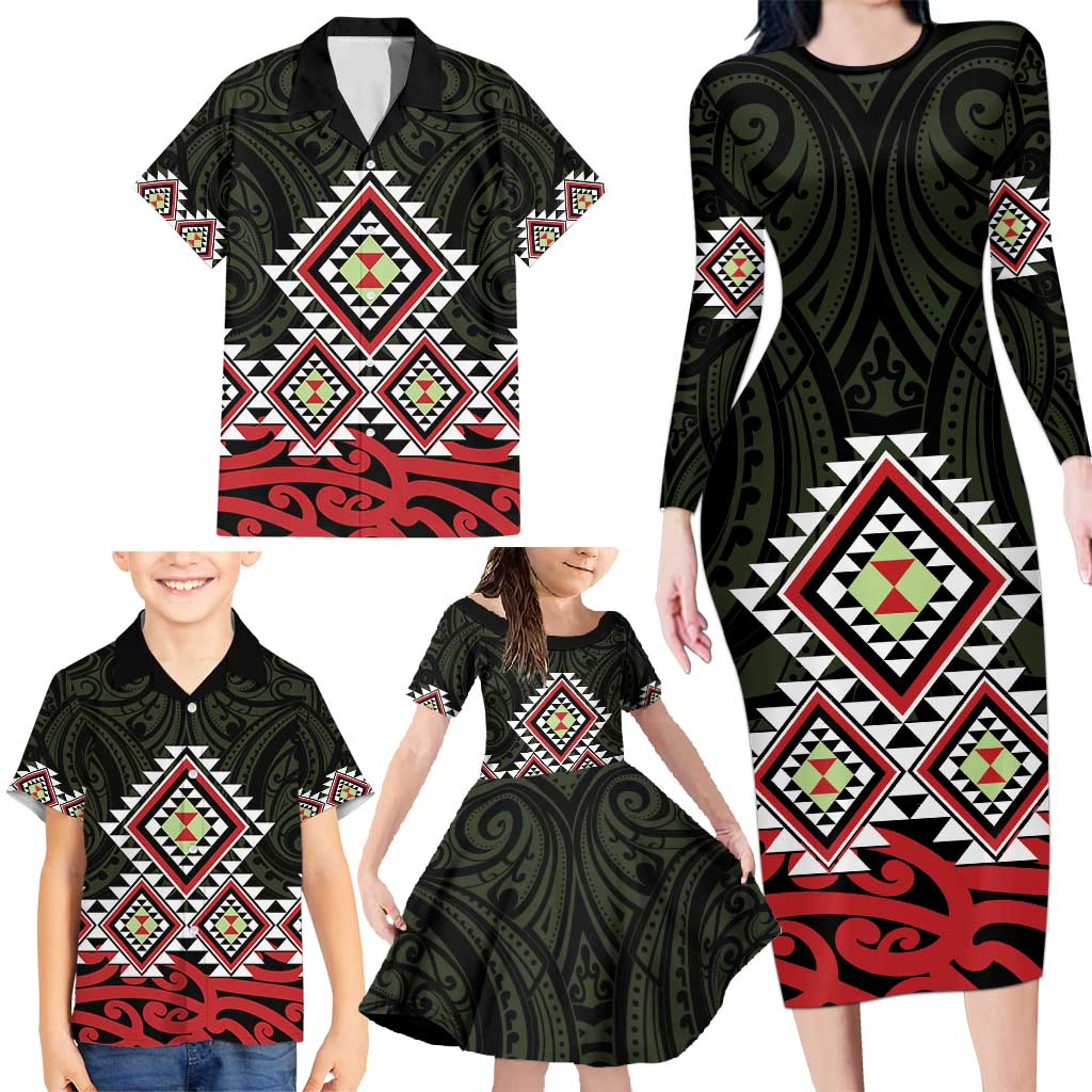 Kia Ora Aotearoa Family Matching Long Sleeve Bodycon Dress and Hawaiian Shirt 2025 Pasifika Maori Taniko Motifs