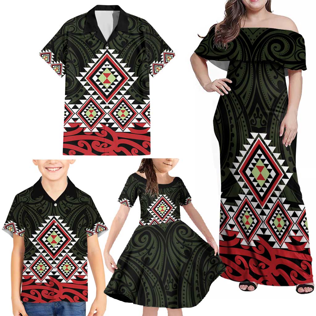 Kia Ora Aotearoa Family Matching Off Shoulder Maxi Dress and Hawaiian Shirt 2025 Pasifika Maori Taniko Motifs