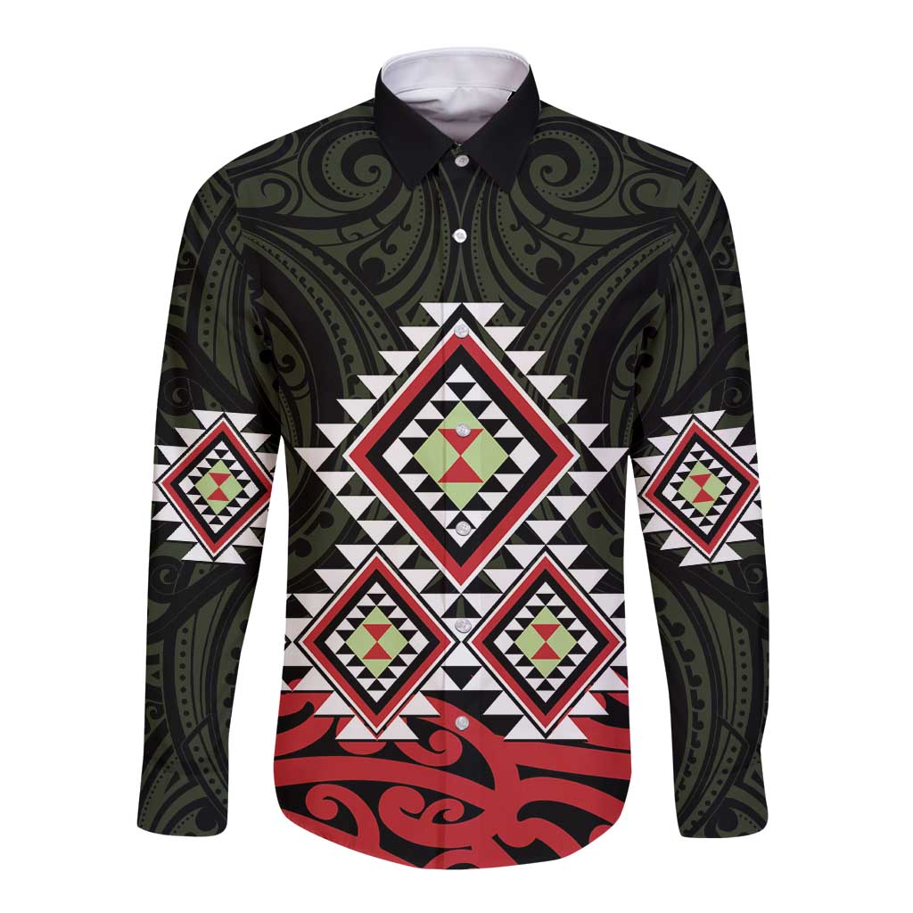 Kia Ora Aotearoa Long Sleeve Button Shirt 2025 Pasifika Maori Taniko Motifs LT14 Unisex Black - Polynesian Pride