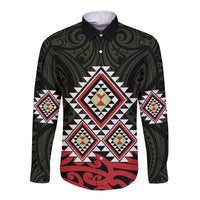 Kia Ora Aotearoa Long Sleeve Button Shirt 2025 Pasifika Maori Taniko Motifs LT14 Unisex Black - Polynesian Pride