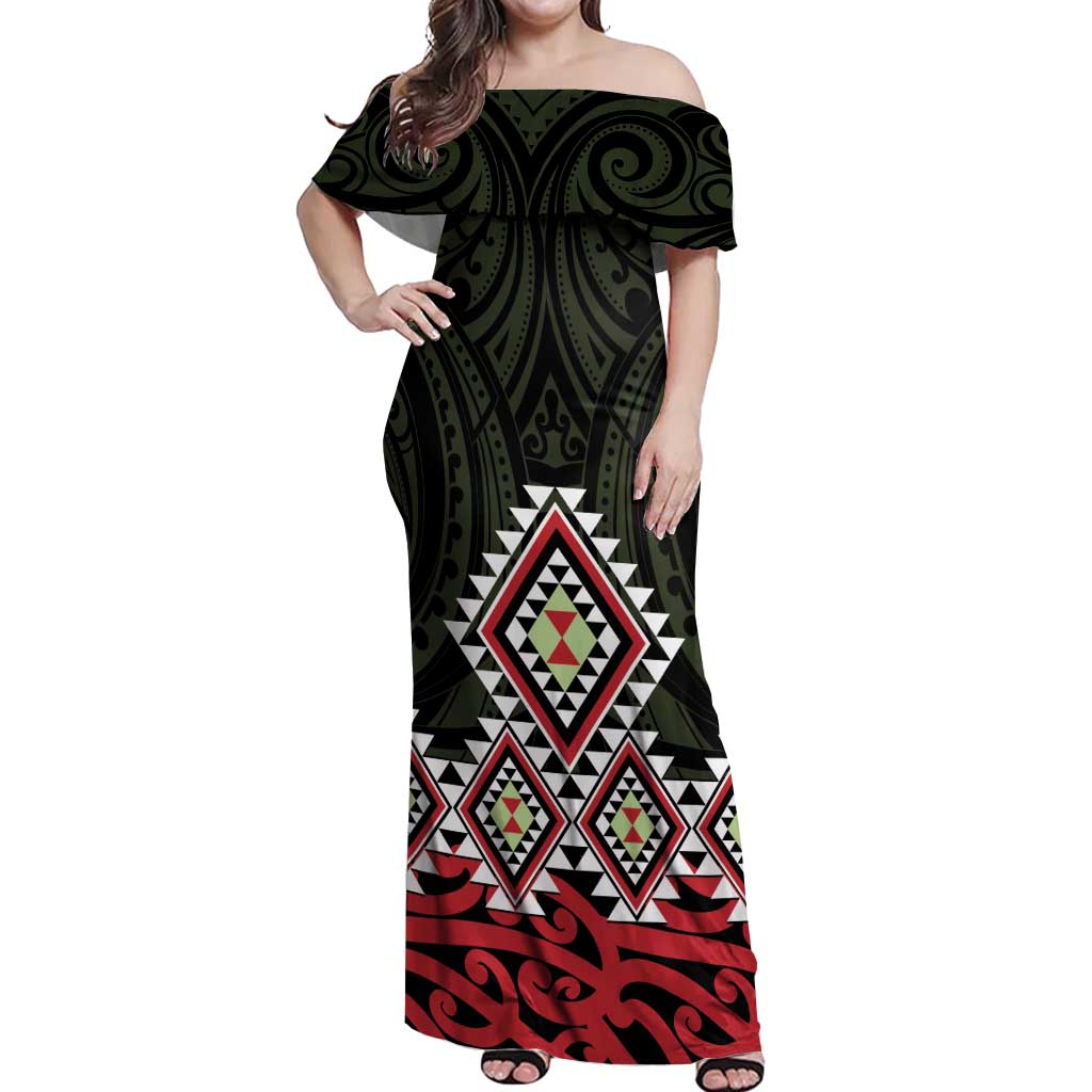 Kia Ora Aotearoa Off Shoulder Maxi Dress 2025 Pasifika Maori Taniko Motifs LT14 Women Black - Polynesian Pride