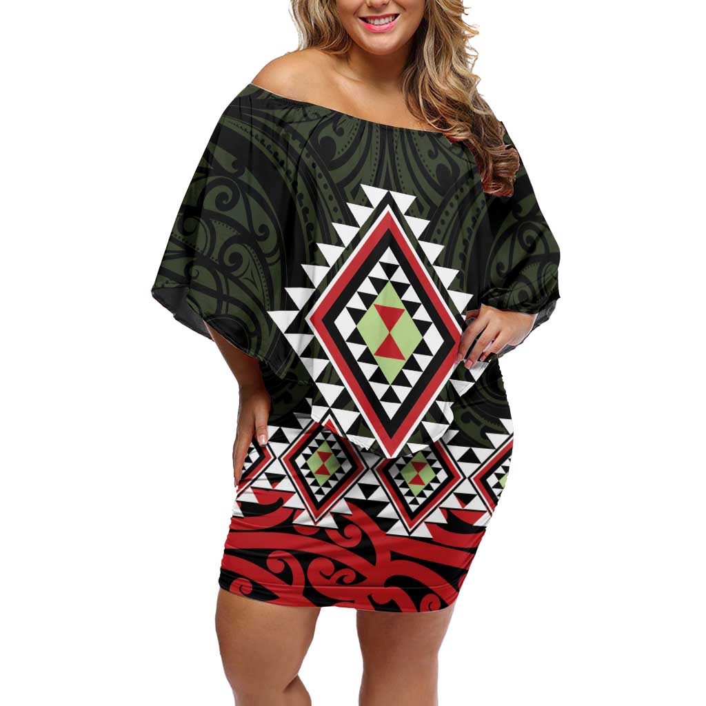 Kia Ora Aotearoa Off Shoulder Short Dress 2025 Pasifika Maori Taniko Motifs LT14 Women Black - Polynesian Pride