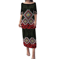 Kia Ora Aotearoa Puletasi 2025 Pasifika Maori Taniko Motifs LT14 Long Dress Black - Polynesian Pride