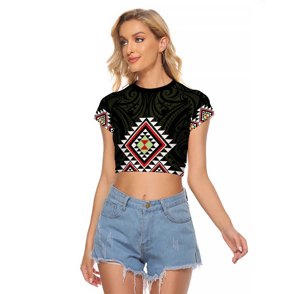 Kia Ora Aotearoa Raglan Cropped T Shirt 2025 Pasifika Maori Taniko Motifs LT14 Female Black - Polynesian Pride