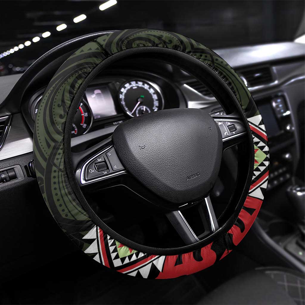 Kia Ora Aotearoa Steering Wheel Cover 2025 Pasifika Maori Taniko Motifs LT14 Universal Fit Black - Polynesian Pride