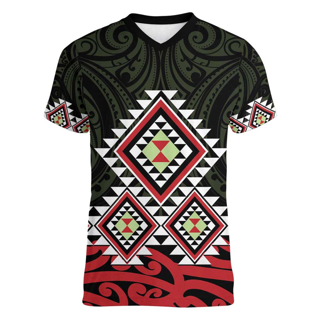 Kia Ora Aotearoa Women V-Neck T-Shirt 2025 Pasifika Maori Taniko Motifs LT14 Female Black - Polynesian Pride