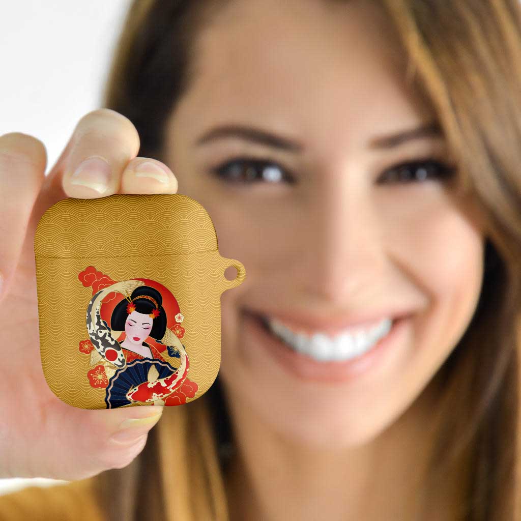 Japanese Geisha Koi Fish AirPods Case Cherry Blossoms Yellow Seigaiha Pattern LT14 - Polynesian Pride