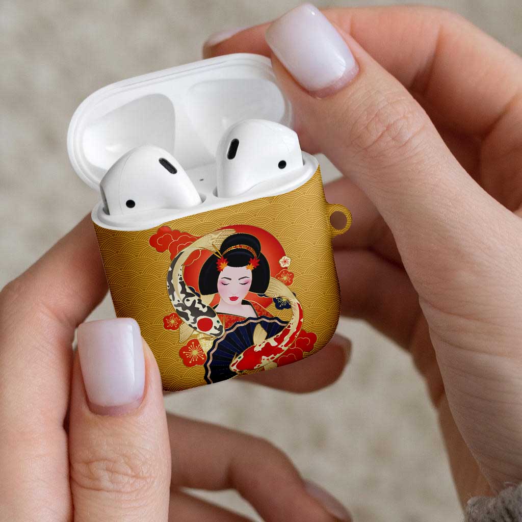 Japanese Geisha Koi Fish AirPods Case Cherry Blossoms Yellow Seigaiha Pattern LT14 - Polynesian Pride