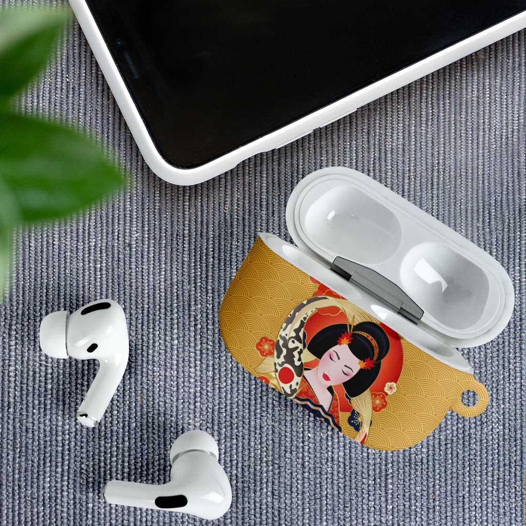 Japanese Geisha Koi Fish AirPods Case Cherry Blossoms Yellow Seigaiha Pattern LT14 - Polynesian Pride