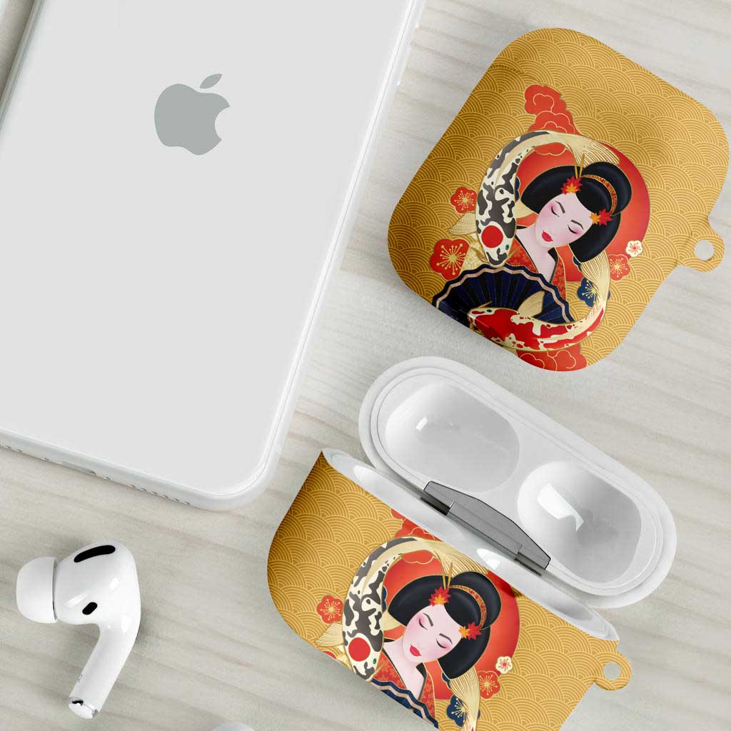 Japanese Geisha Koi Fish AirPods Case Cherry Blossoms Yellow Seigaiha Pattern LT14 - Polynesian Pride