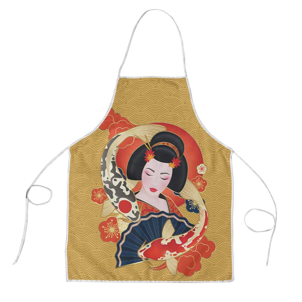 Japanese Geisha Koi Fish Apron Cherry Blossoms Yellow Seigaiha Pattern LT14 Yellow - Polynesian Pride