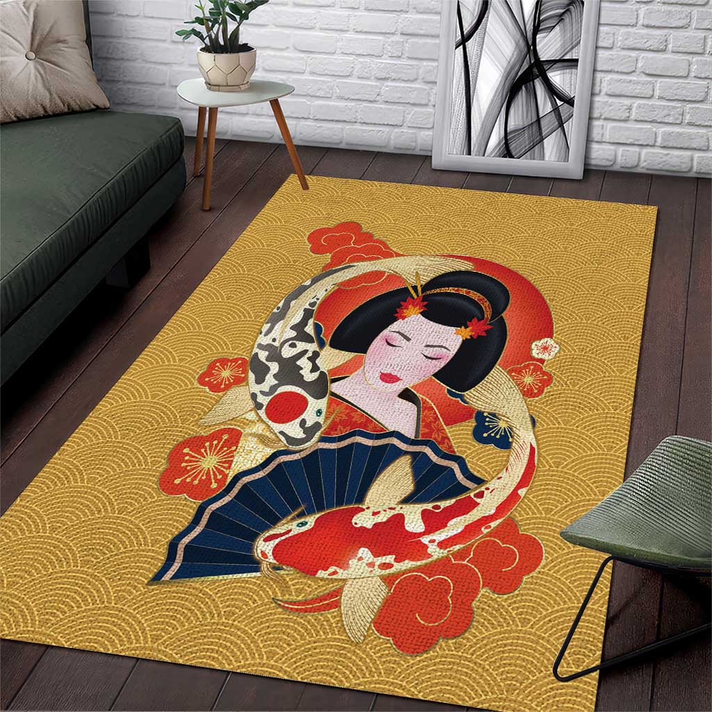 Japanese Geisha Koi Fish Area Rug Cherry Blossoms Yellow Seigaiha Pattern LT14 Yellow - Polynesian Pride