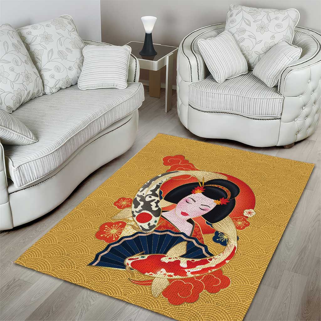 Japanese Geisha Koi Fish Area Rug Cherry Blossoms Yellow Seigaiha Pattern LT14 - Polynesian Pride