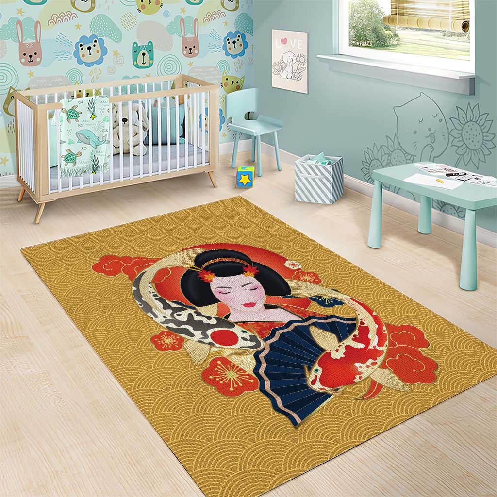 Japanese Geisha Koi Fish Area Rug Cherry Blossoms Yellow Seigaiha Pattern LT14 - Polynesian Pride