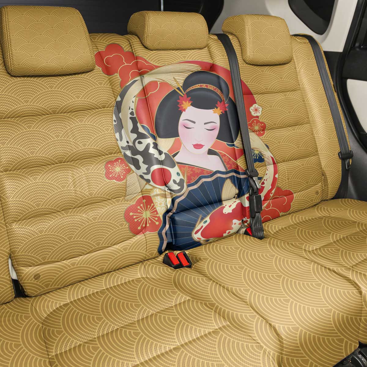 Japanese Geisha Koi Fish Back Car Seat Cover Cherry Blossoms Yellow Seigaiha Pattern LT14 - Polynesian Pride