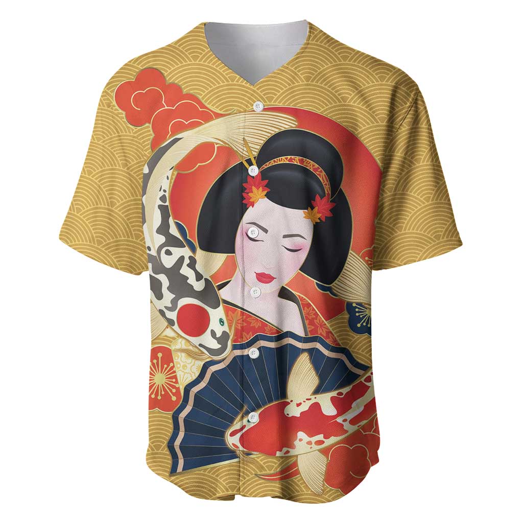 Japanese Geisha Koi Fish Baseball Jersey Cherry Blossoms Yellow Seigaiha Pattern LT14 Yellow - Polynesian Pride