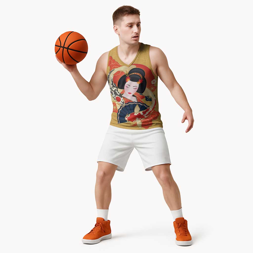 Japanese Geisha Koi Fish Basketball Jersey Cherry Blossoms Yellow Seigaiha Pattern LT14 - Polynesian Pride