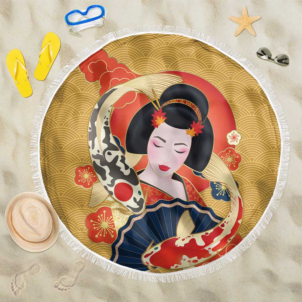 Japanese Geisha Koi Fish Beach Blanket Cherry Blossoms Yellow Seigaiha Pattern LT14 One Size 150cm Yellow - Polynesian Pride