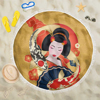 Japanese Geisha Koi Fish Beach Blanket Cherry Blossoms Yellow Seigaiha Pattern LT14 One Size 150cm Yellow - Polynesian Pride
