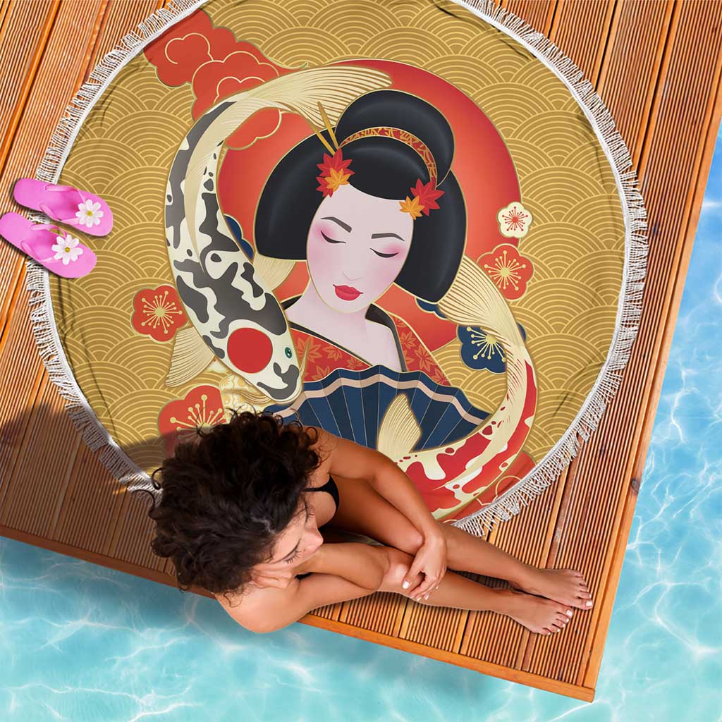 Japanese Geisha Koi Fish Beach Blanket Cherry Blossoms Yellow Seigaiha Pattern LT14 - Polynesian Pride