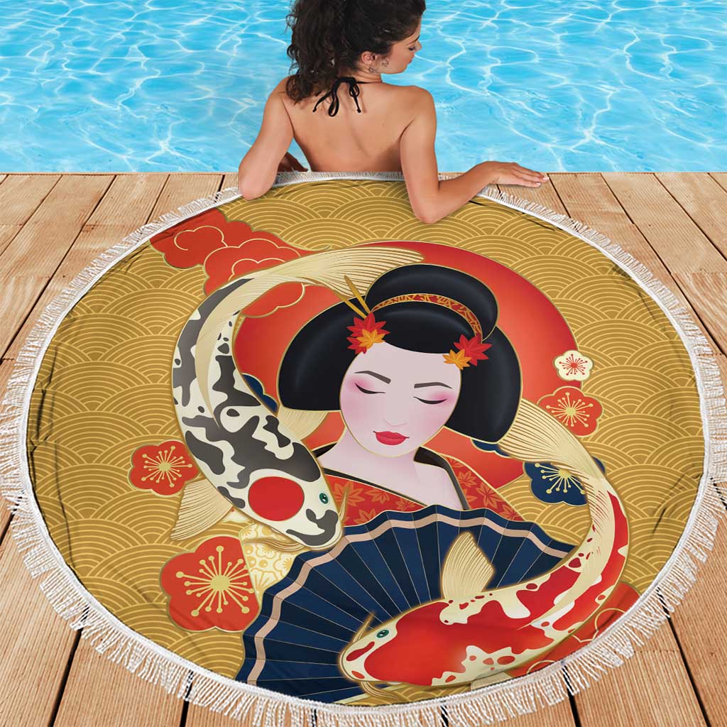 Japanese Geisha Koi Fish Beach Blanket Cherry Blossoms Yellow Seigaiha Pattern LT14 - Polynesian Pride