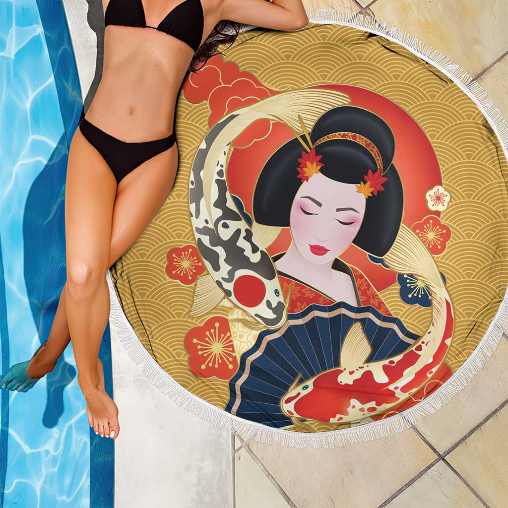 Japanese Geisha Koi Fish Beach Blanket Cherry Blossoms Yellow Seigaiha Pattern LT14 - Polynesian Pride