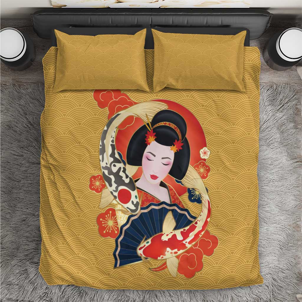 Japanese Geisha Koi Fish Bedding Set Cherry Blossoms Yellow Seigaiha Pattern LT14 Yellow - Polynesian Pride