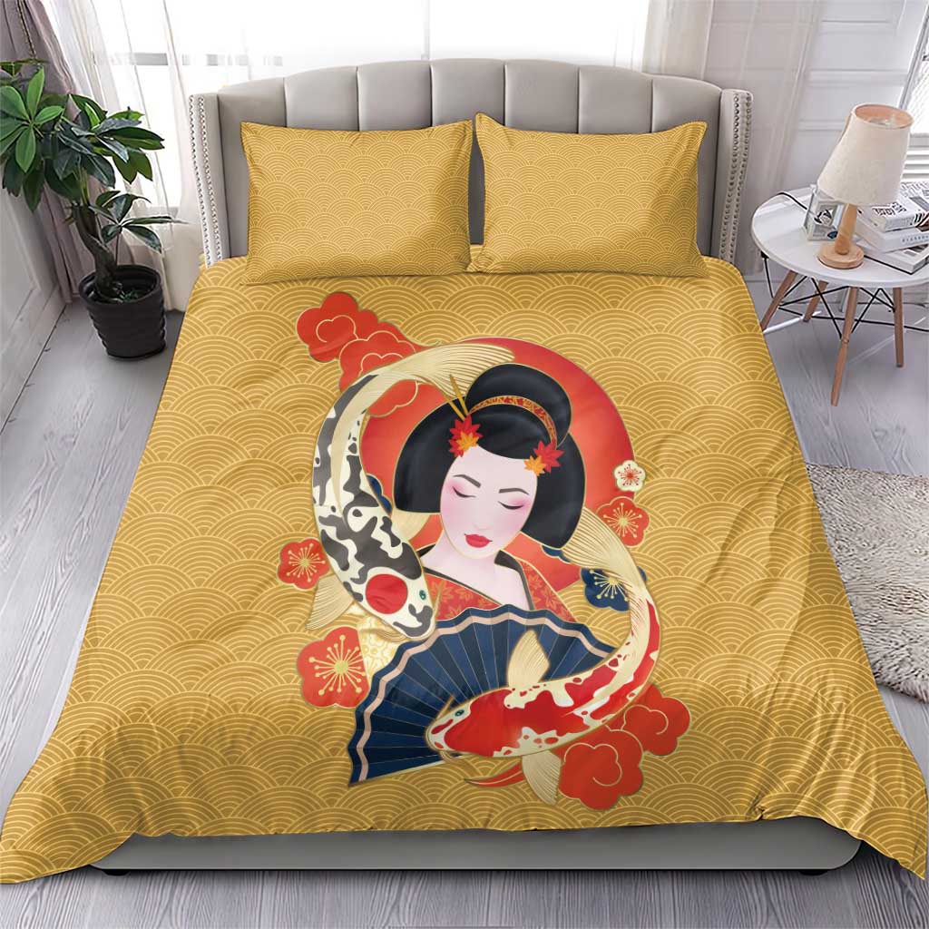 Japanese Geisha Koi Fish Bedding Set Cherry Blossoms Yellow Seigaiha Pattern LT14 - Polynesian Pride
