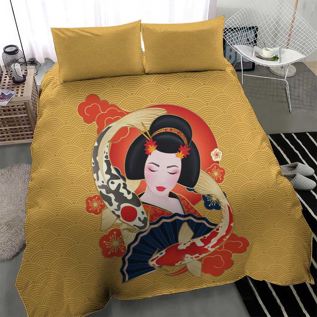 Japanese Geisha Koi Fish Bedding Set Cherry Blossoms Yellow Seigaiha Pattern LT14 - Polynesian Pride
