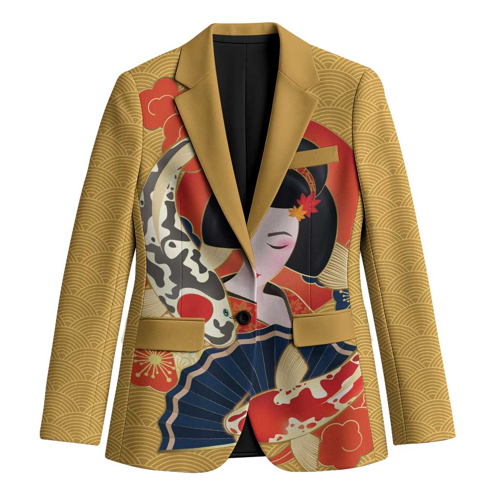 Japanese Geisha Koi Fish Blazer Cherry Blossoms Yellow Seigaiha Pattern LT14 Unisex Yellow - Polynesian Pride
