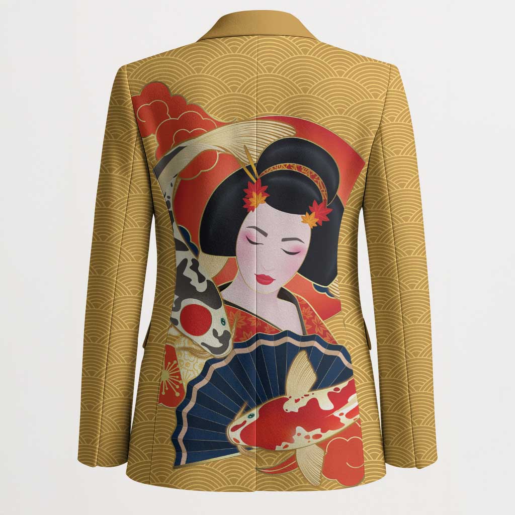 Japanese Geisha Koi Fish Blazer Cherry Blossoms Yellow Seigaiha Pattern LT14 - Polynesian Pride