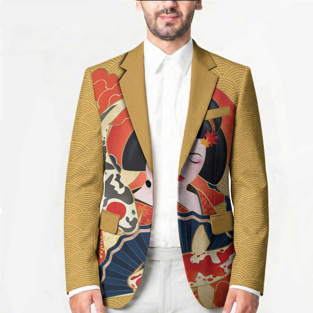Japanese Geisha Koi Fish Blazer Cherry Blossoms Yellow Seigaiha Pattern LT14 - Polynesian Pride